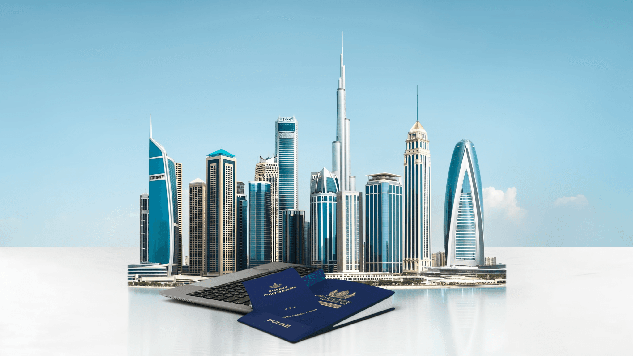 Stunning view of modern skyscrapers along Dubai Creek at sunset, reflecting the vibrant cityscape.